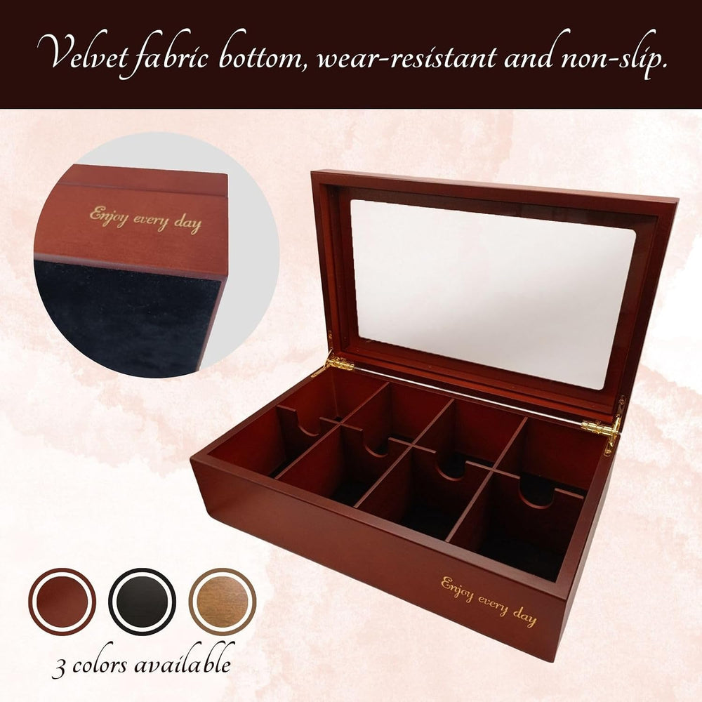 BJOYFUL&LOVED Wooden Tea Box with Glass Lid, 8-Compartment, Walnut Color