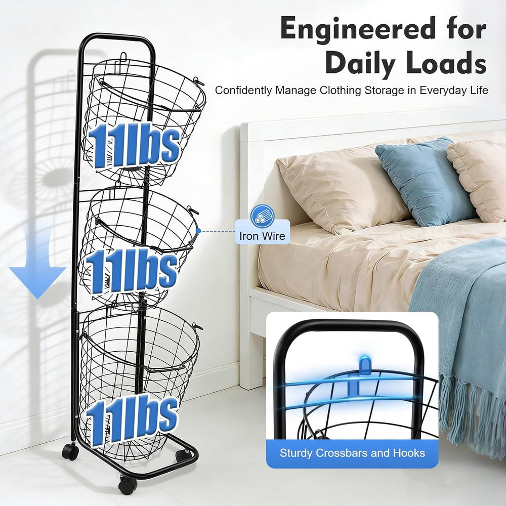 Laundry Basket on Wheels,3 Tier Large Laundry Hampers,10.4 * 13 * 48.4inch Cl...