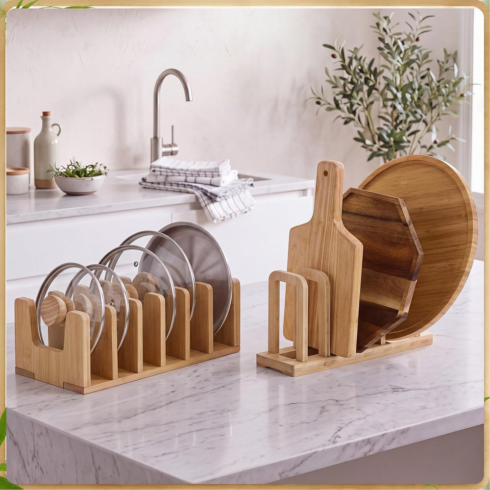 2 Pack Bamboo Cabinet Organizer, Board Rack & Pot Lid Holder