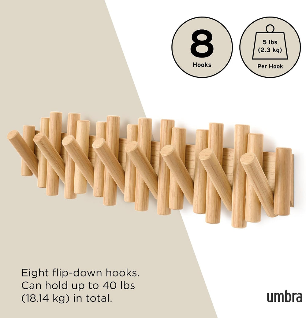 Umbra Picket Coat Rack with 8 Hooks – Natural Wall-Mounted Coat Rack with Fli...