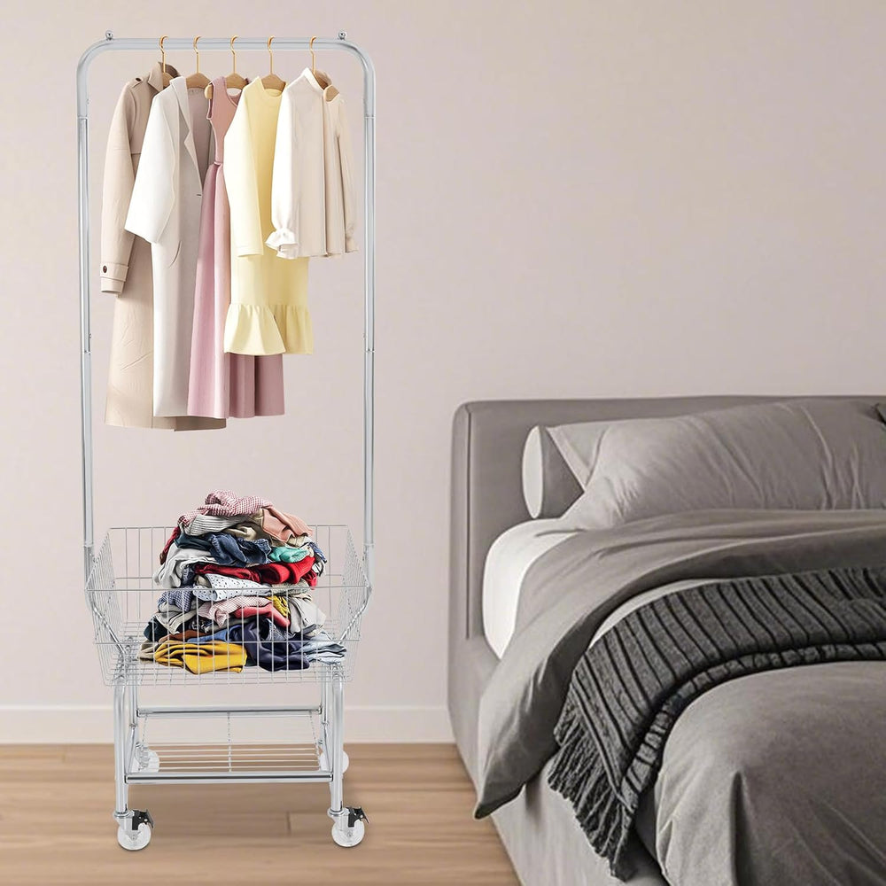 Laundry Cart with Hanging Rack, Metal Garment Organizer with Basket and Shelv...