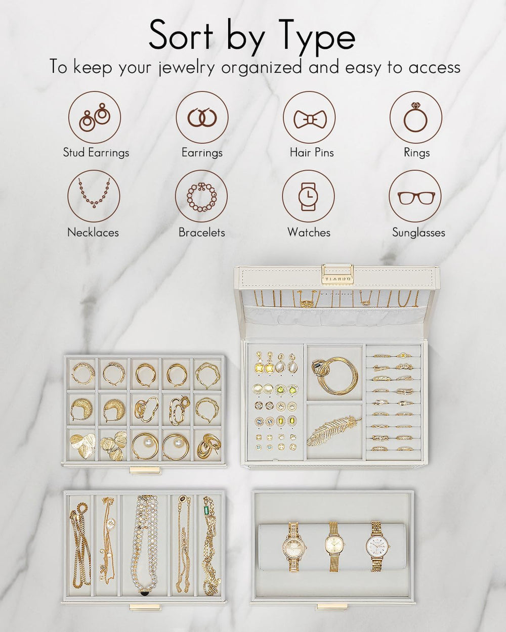 VLANDO Large Jewelry Box, 4 Layer Storage Organizer, Removable Dividers