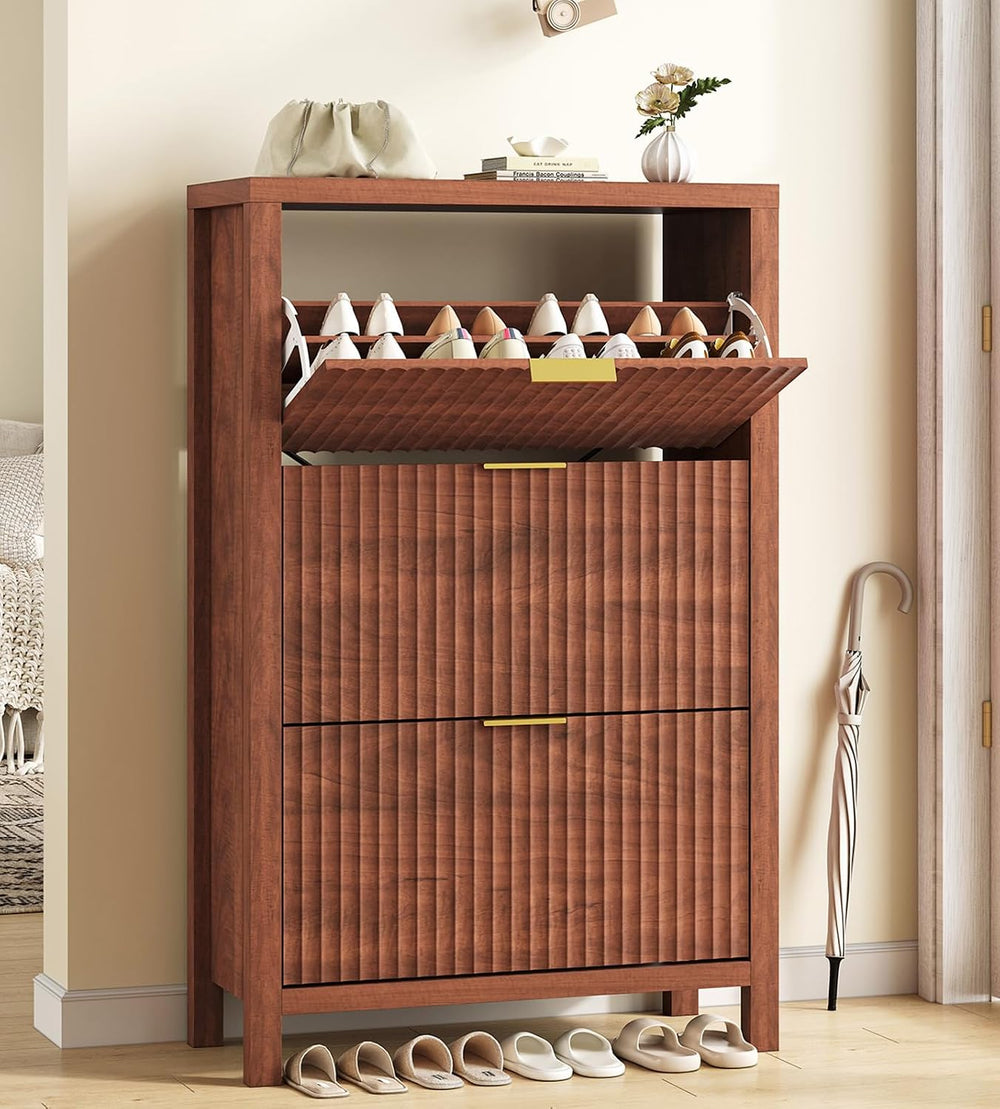 32" Fluted Shoe Cabinet Storage with 3 Flip Drawers for Entryway, Hallway