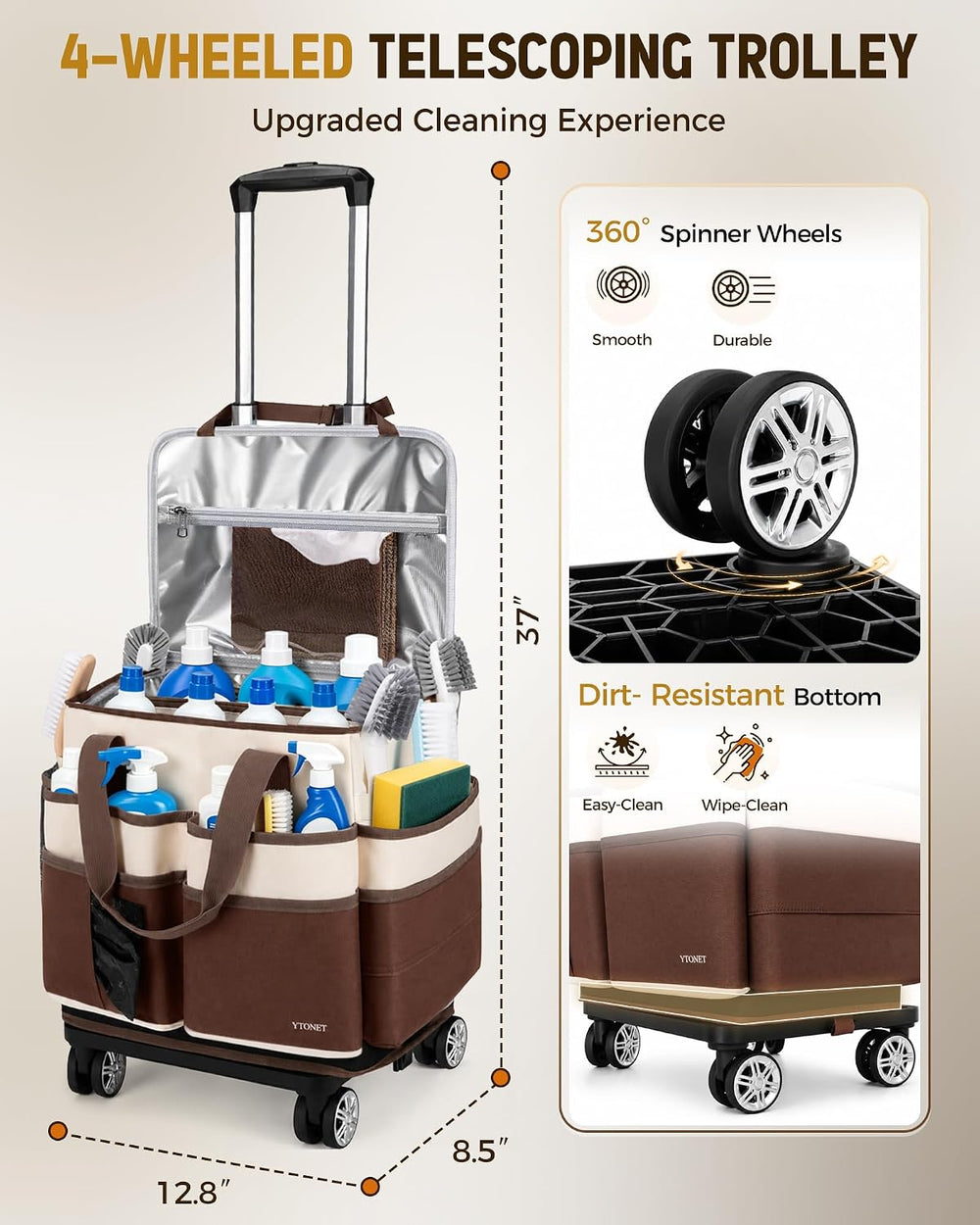 Ytonet Cleaning Caddy with 4 Spinner Wheels, Rolling Cleaning Caddy Bag