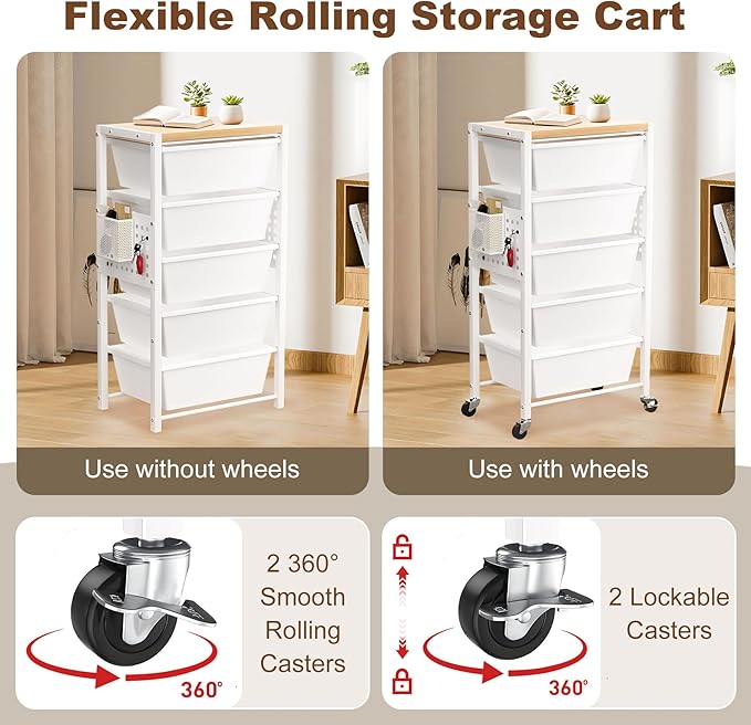Rolling Cart with Drawers, Rolling Storage Cart with 5 Large Plastic Drawers ...