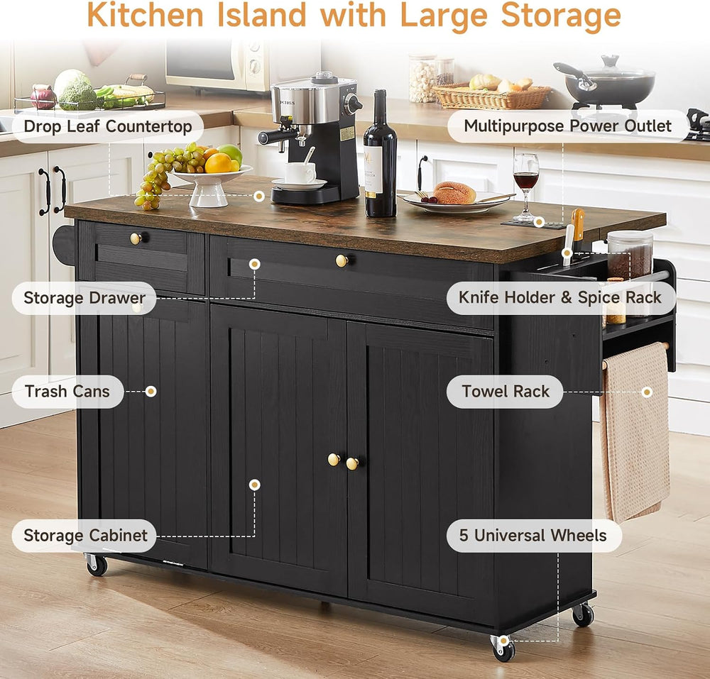 60" Kitchen Island with Drop Leaf & Trash Can Storage, Black
