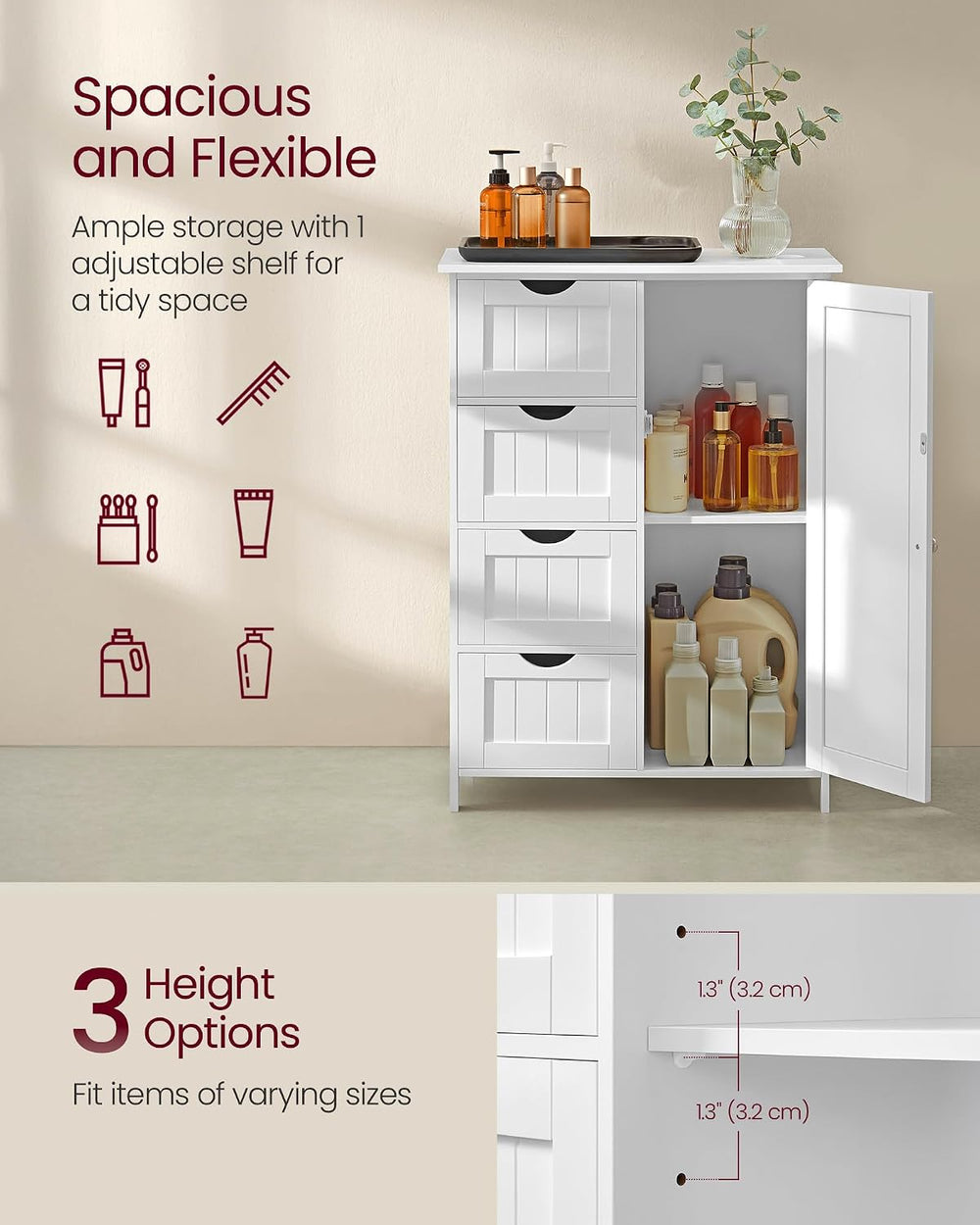 VASAGLE Floor Storage Cabinet, Farmhouse, 4 Drawers and 1 Door,32.3" H