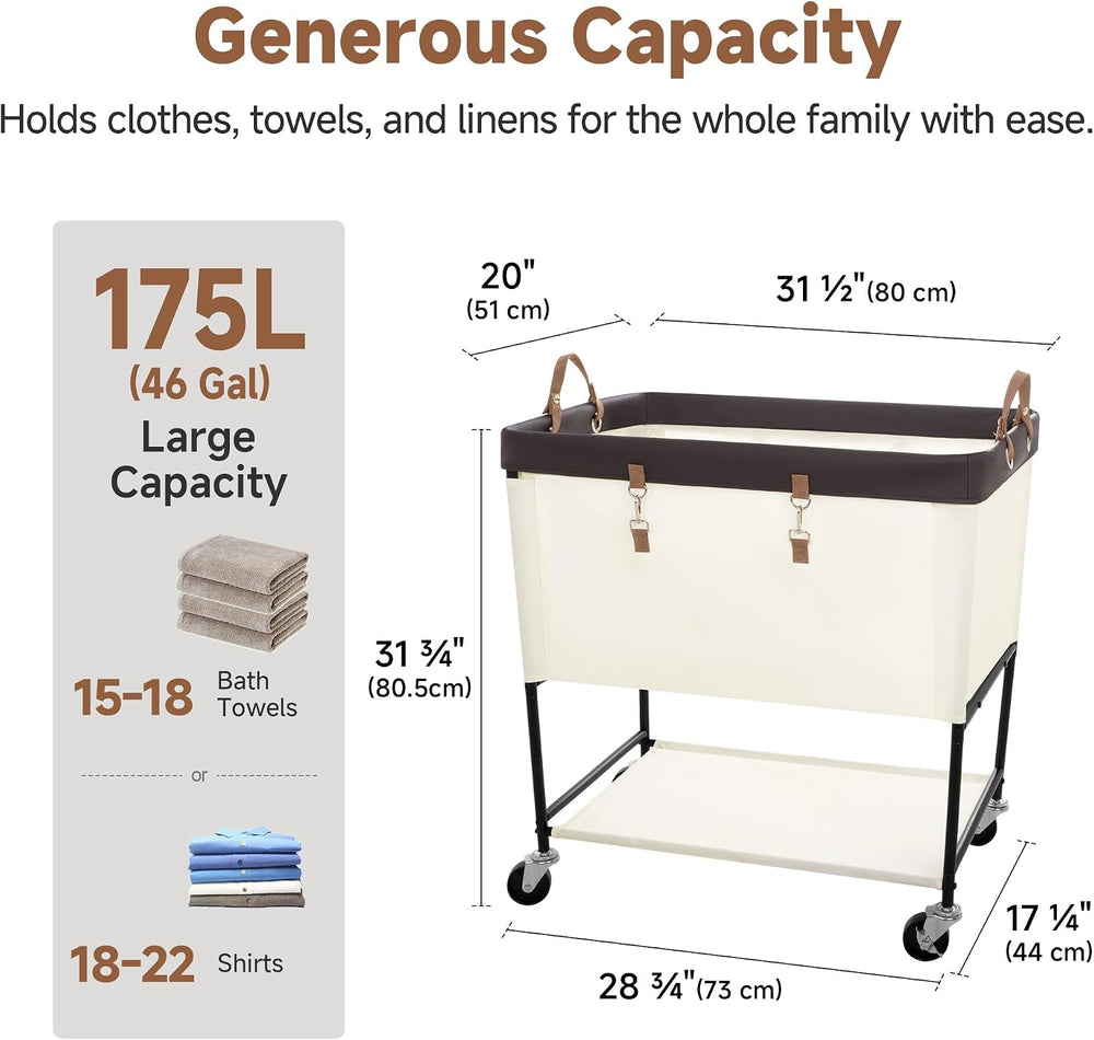 StorageWorks Laundry Cart, 2 Tier Rolling Basket with Wheels, 46 Gal, Beige