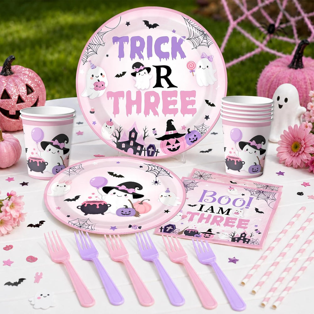 Trick or Three Birthday Party Girl,Halloween 3rd Birthday Decorations Girl