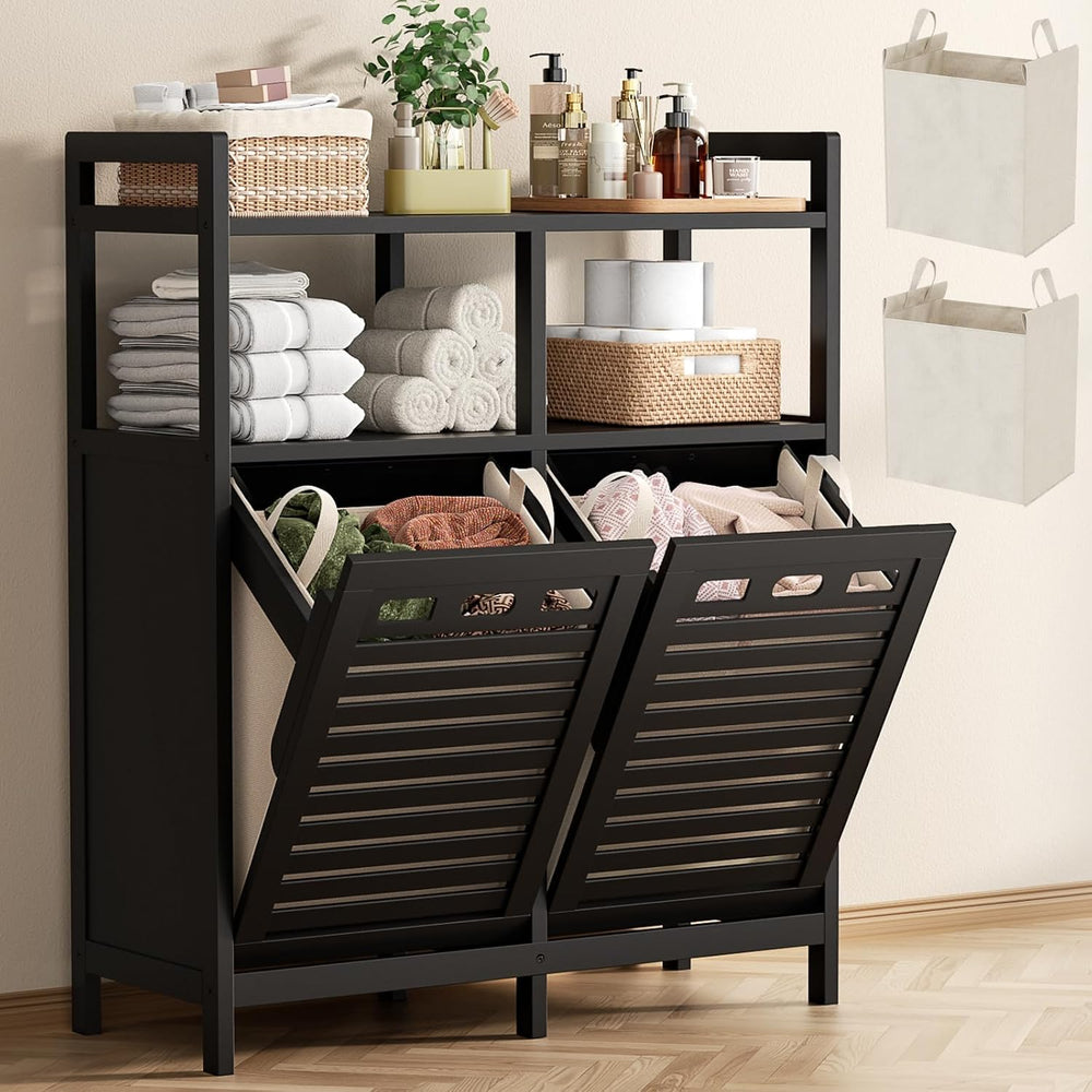 Homykic Double Tilt Out Laundry Hamper Cabinet with 2 Removable Bags, Black (...
