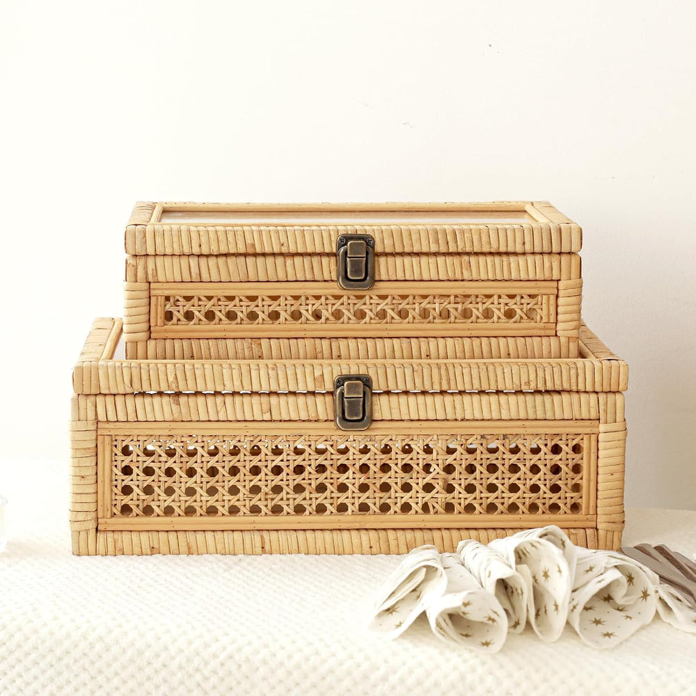 DECOR4SEASON Rattan and Cane Stacking Boxes with Glass Top Lid - Set of 2 for...