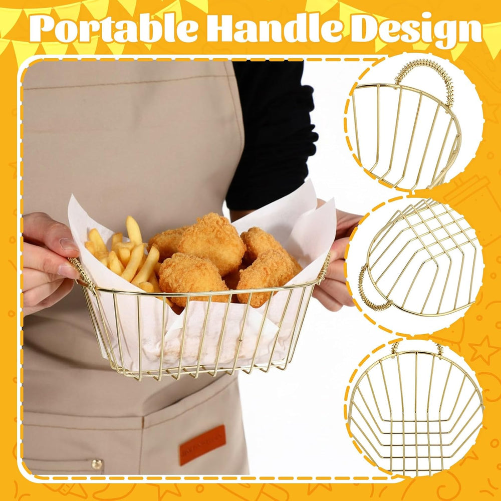 24 Pack Gold Metal Wire Fast Food Baskets Bulk with 100 Food Blotting Sheet