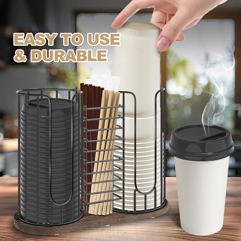 3-Compartment 18oz Coffee Cup Dispenser Rack with Wood Base, Disposable Cup, ...