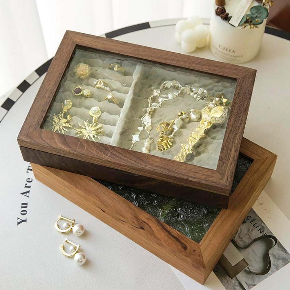 Wooden Jewelry Box with Glass Lid, Multi-Compartment Jewelry Display Case, Li...