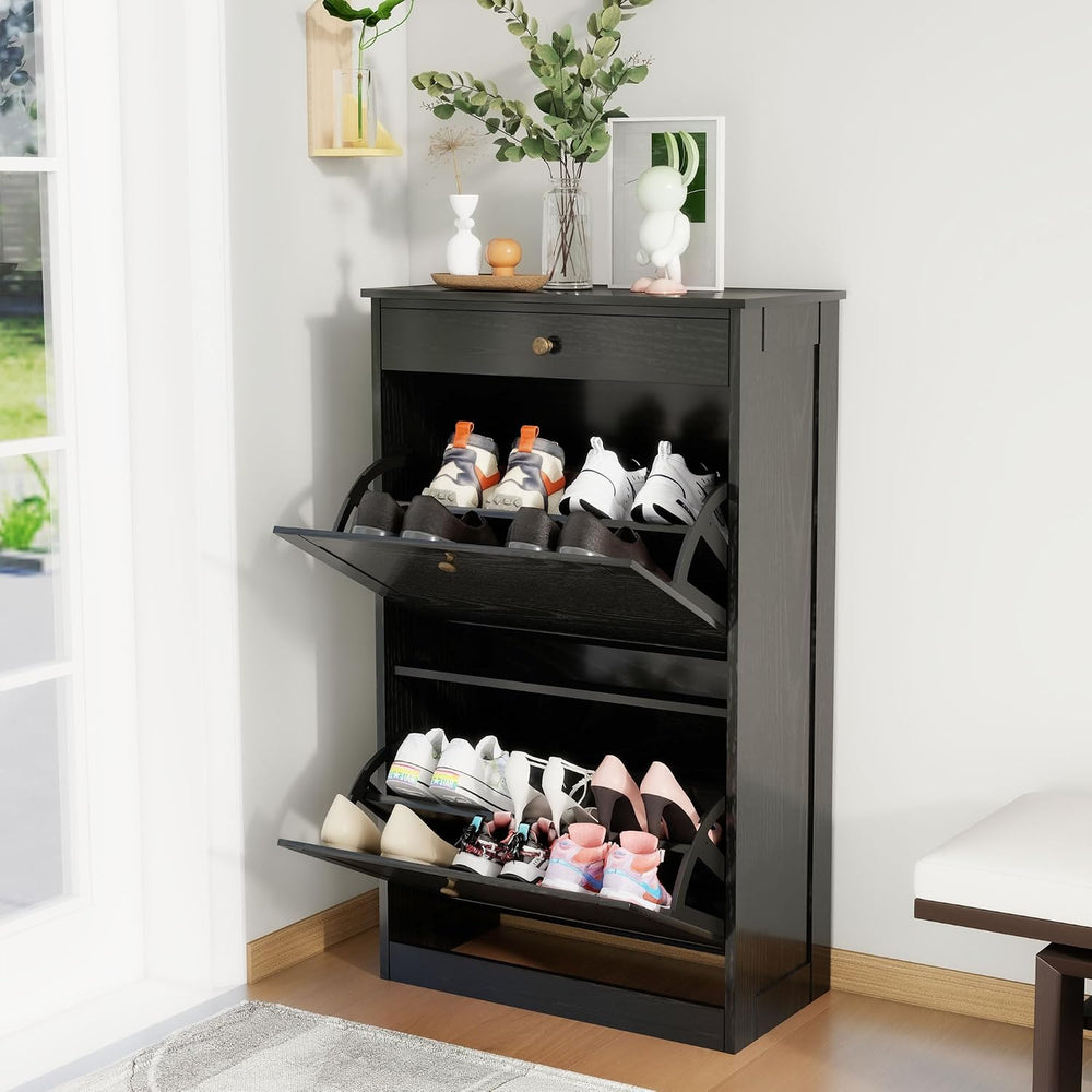 Shoe Storage Cabinet with 2 Flip Drawers, Shoe Cabinet Organizer, Black