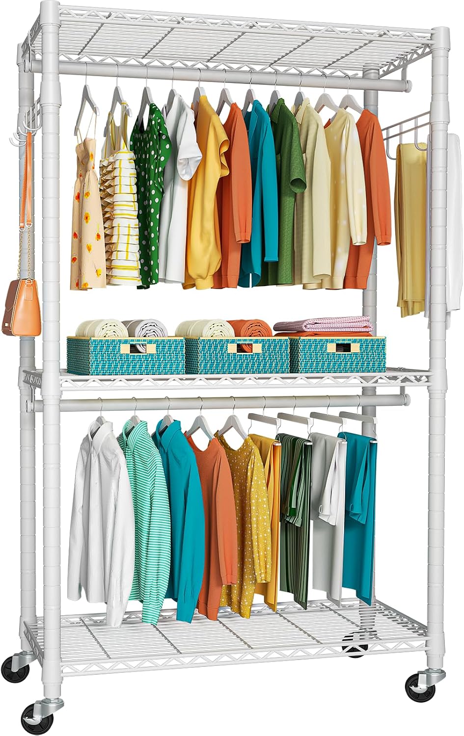 P1 Heavy Duty Garment Rack, 3 Tiers Adjustable Rolling Metal Closet