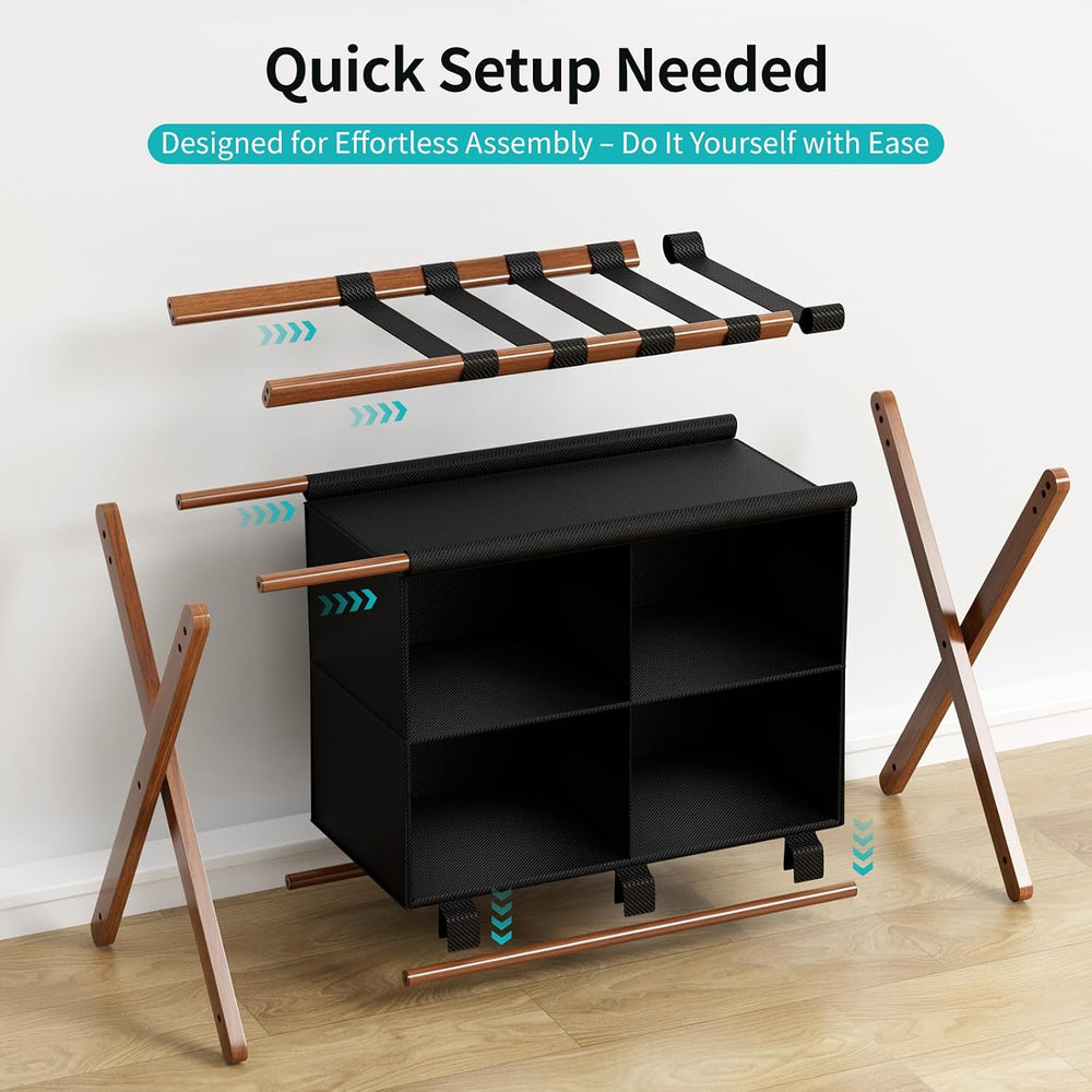Bamboo Luggage Rack with 4 Storage Compartments, Foldable Suitcase Stand for ...