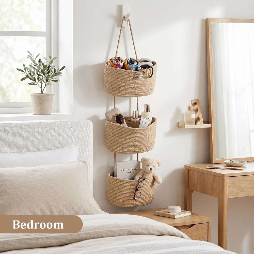Over the Door Hanging Storage Basket 3 Tier Wall Organizer Jute Color