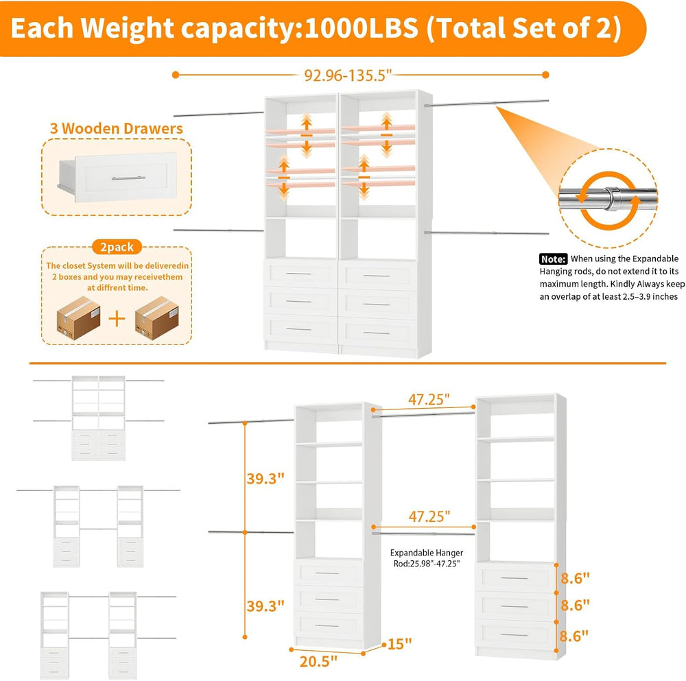 Closet System with 6 Drawers, 3.4FT-15FT Closet Organizer System with 8 Expan...