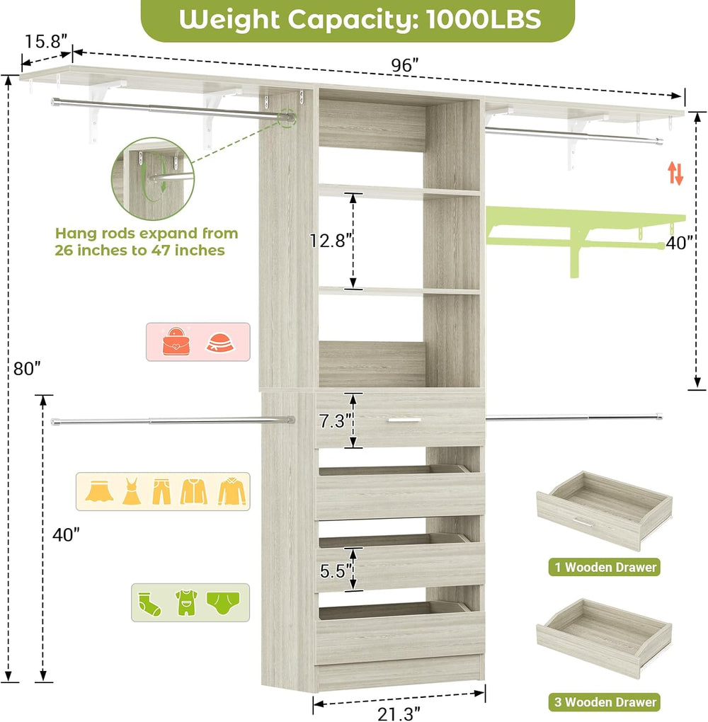 Aheaplus Closet System, 8FT Wood Closet Organizer System with 4 Drawers