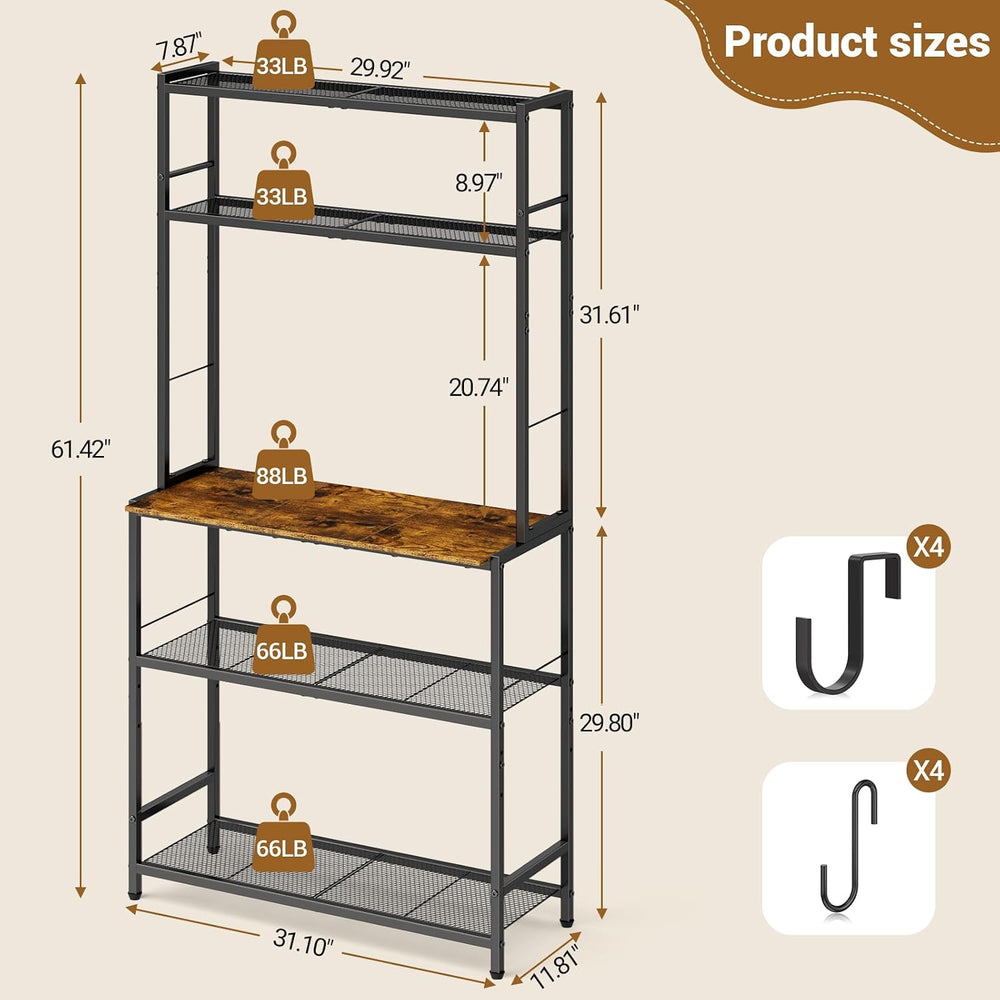 ThreeHio 5 Tier Kitchen Bakers Rack with Storage, 29.9 Inch Microwave Stand, ...