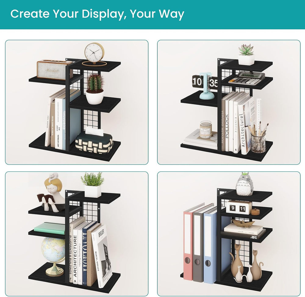 Desktop Bookshelf, 4 Tier Wood Desk Organizer Shelf, Tabletop Storage Shelf R...
