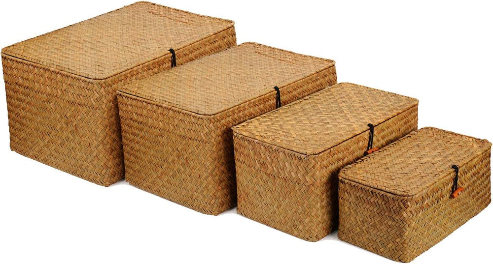 4 Pack, Wicker Baskets with Lids, Natural Seagrass Storage Baskets, Woven Rec...
