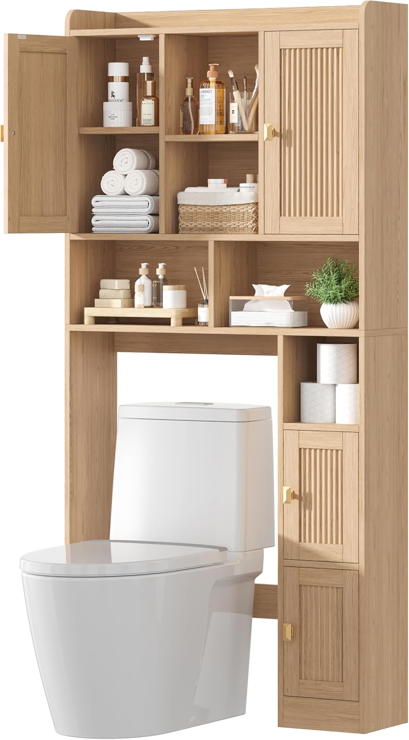 Fluted Over The Toilet Storage Cabinet with 4 Doors, Natural Oak
