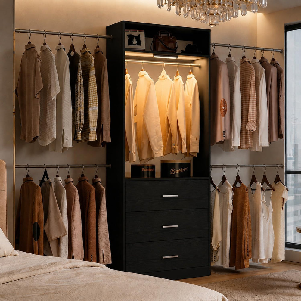Wooden Closet System With LED Light 11FT Closet Organizer with 3 Wooden Drawe...