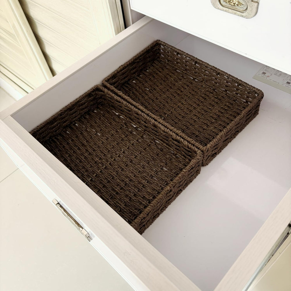 4PCS Small Woven Paper Rope Shallow Basket Organizing,Dark Brown