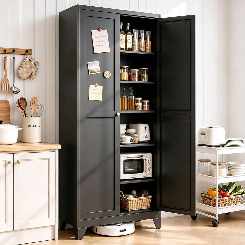 75" Metal Kitchen Pantry Cabinet with 5 Adjustable Shelves & Doors
