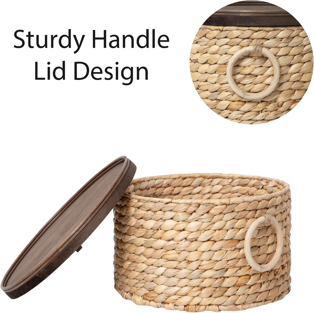 Round Water Hyacinth Wicker Storage Basket with Lid (Large)