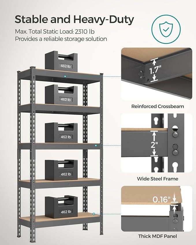 SONGMICS 5-Tier Storage Shelves, Load 2310 lb, Boltless Assembly, Adjustable ...