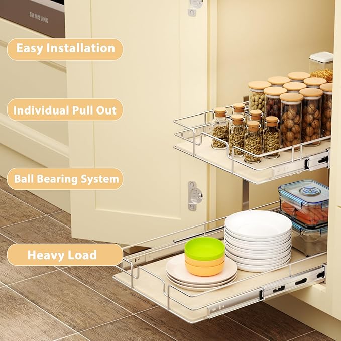 ROOMTEC 2 Tier Individual Pull Out Cabinet Organizer 13½"W x 21½"D,...