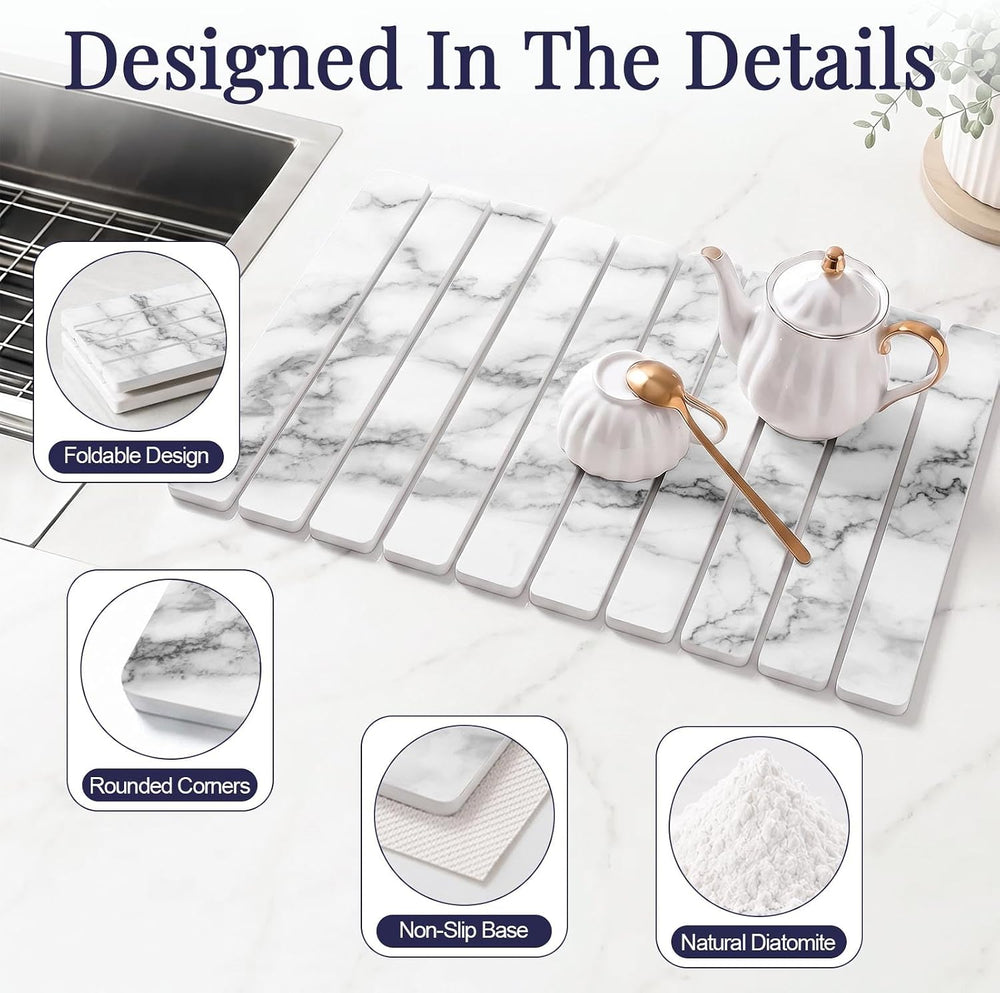Large Stone Dish Drying Mat Set for Kitchen Counter White Marble