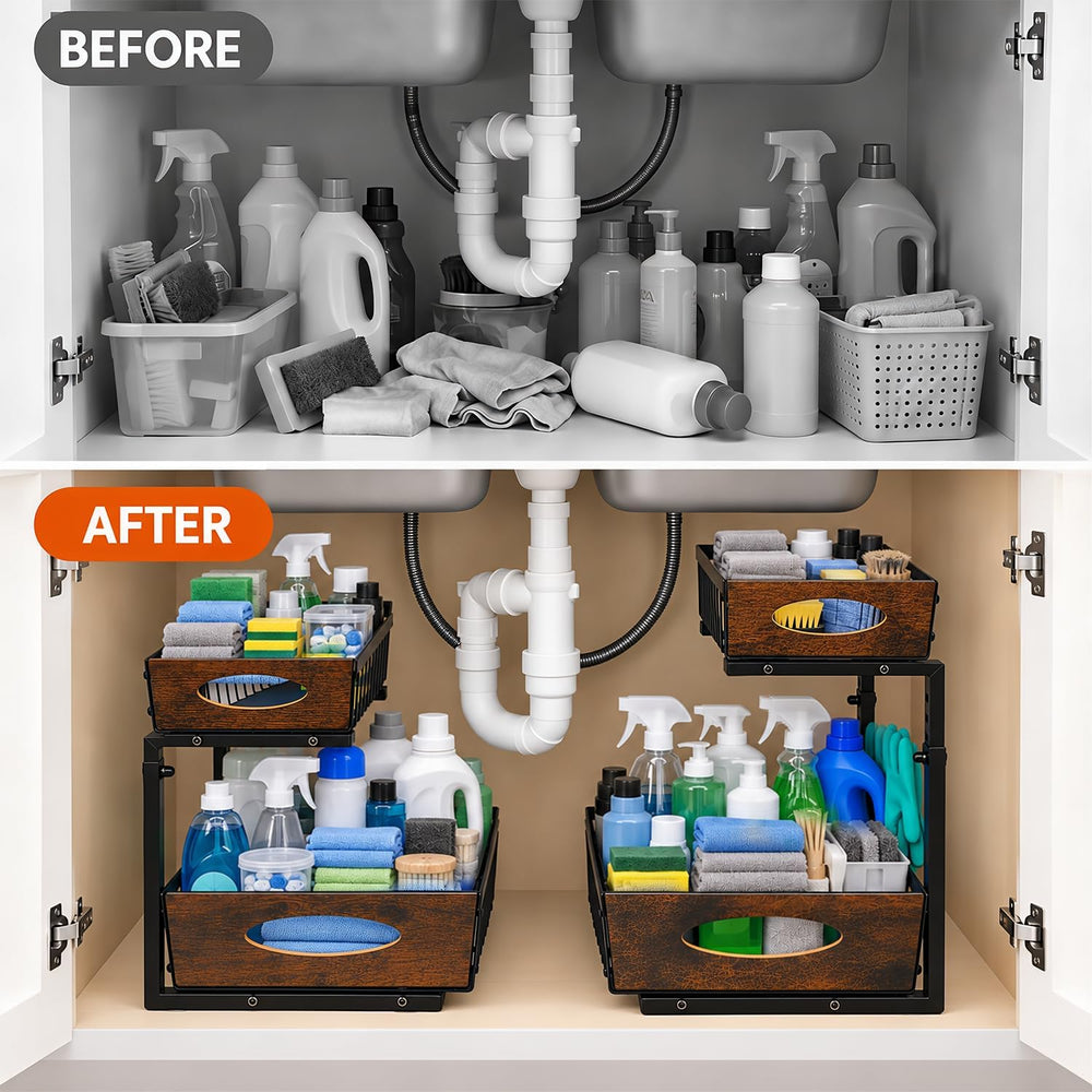 2 Pack Under Sink Organizer, Heavy Duty 2 Tier Pull Out Cabinet Organizer