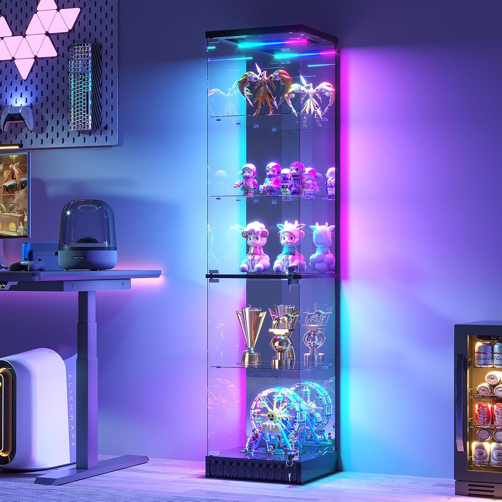 HNEBC Lighted Glass Display Cabinet with Doors for Collectibles,Black