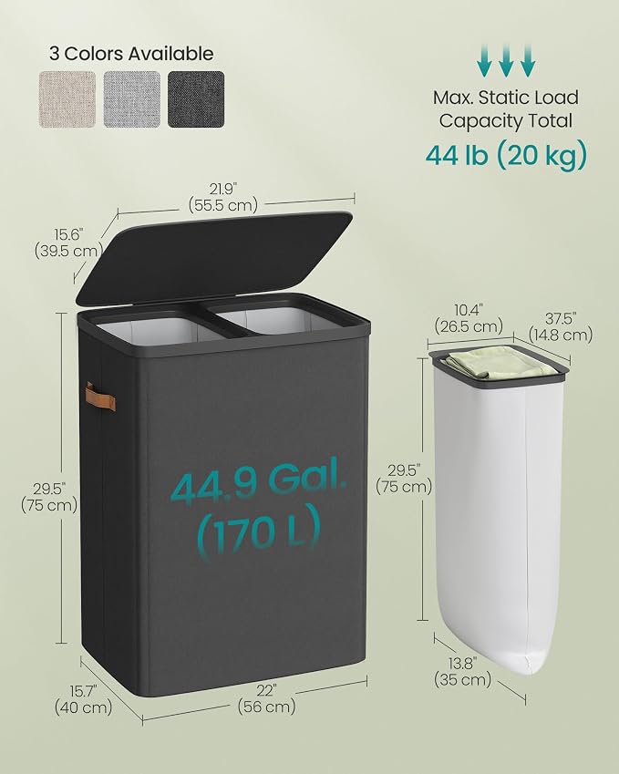 SONGMICS Laundry Basket, 44.9 Gal. Laundry Hamper, 2 Compartments, Easy Assembly