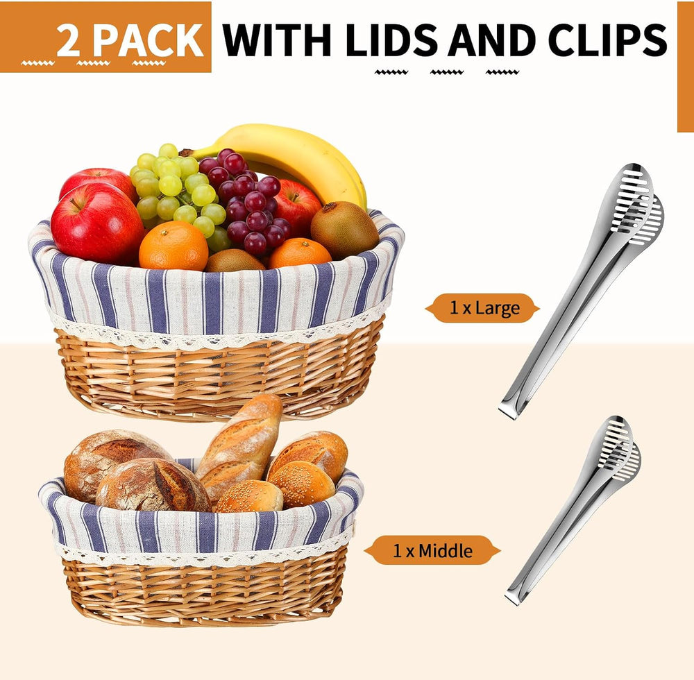 2 Set 11" 12" Bread Basket, Natural with Gray White Stripes Cover