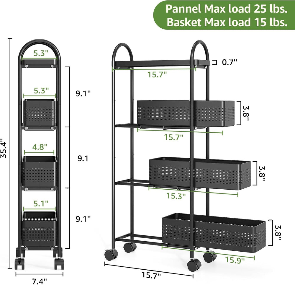 KINGRACK 4 Tier Slim Rolling Cart with Drawer, Metal Utility Storage Cart | 3...