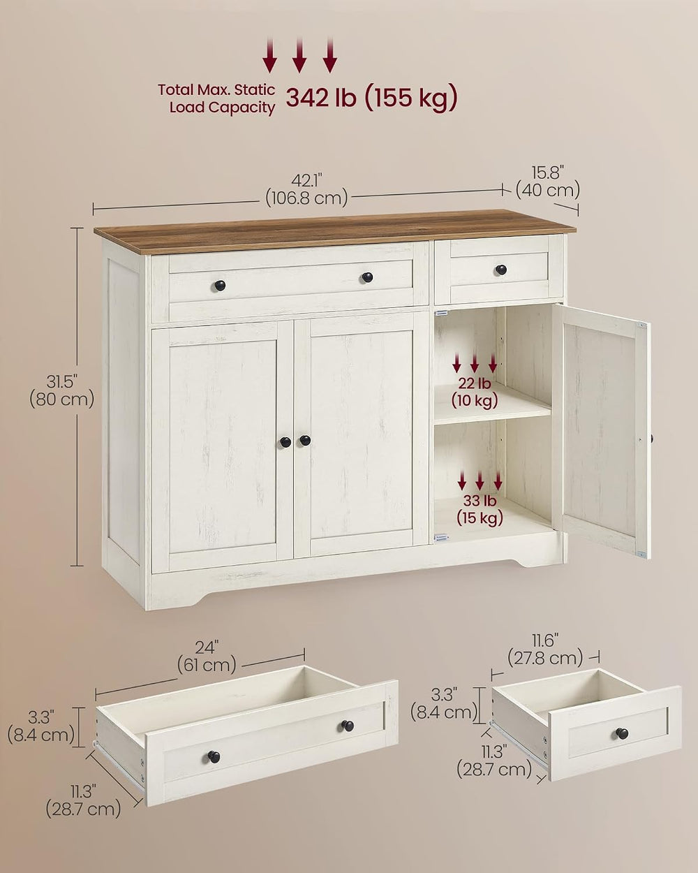 VASAGLE Buffet Cabinet, Sideboard, 3 Doors, 42.1 x 15.8 x 31.8 Inches