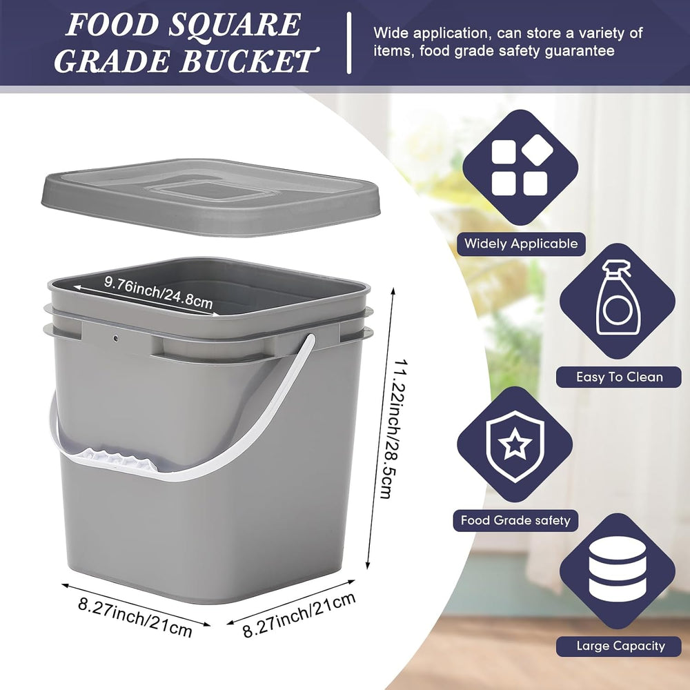 Mumufy 3 Pcs 3.5 Gallon Square Food Grade Bucket with Lid, Black,Gray,White