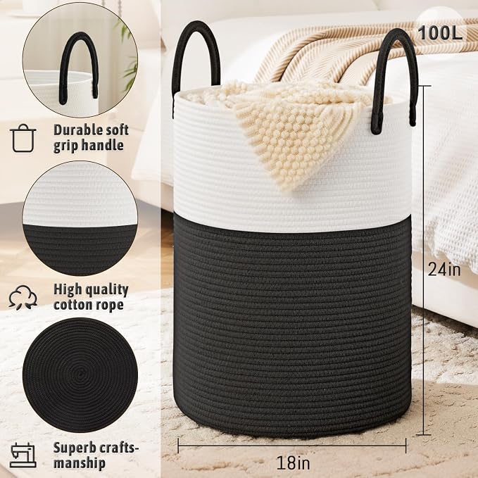 Laundry Basket, Woven Cotton Rope Laundry Hamper, 100L