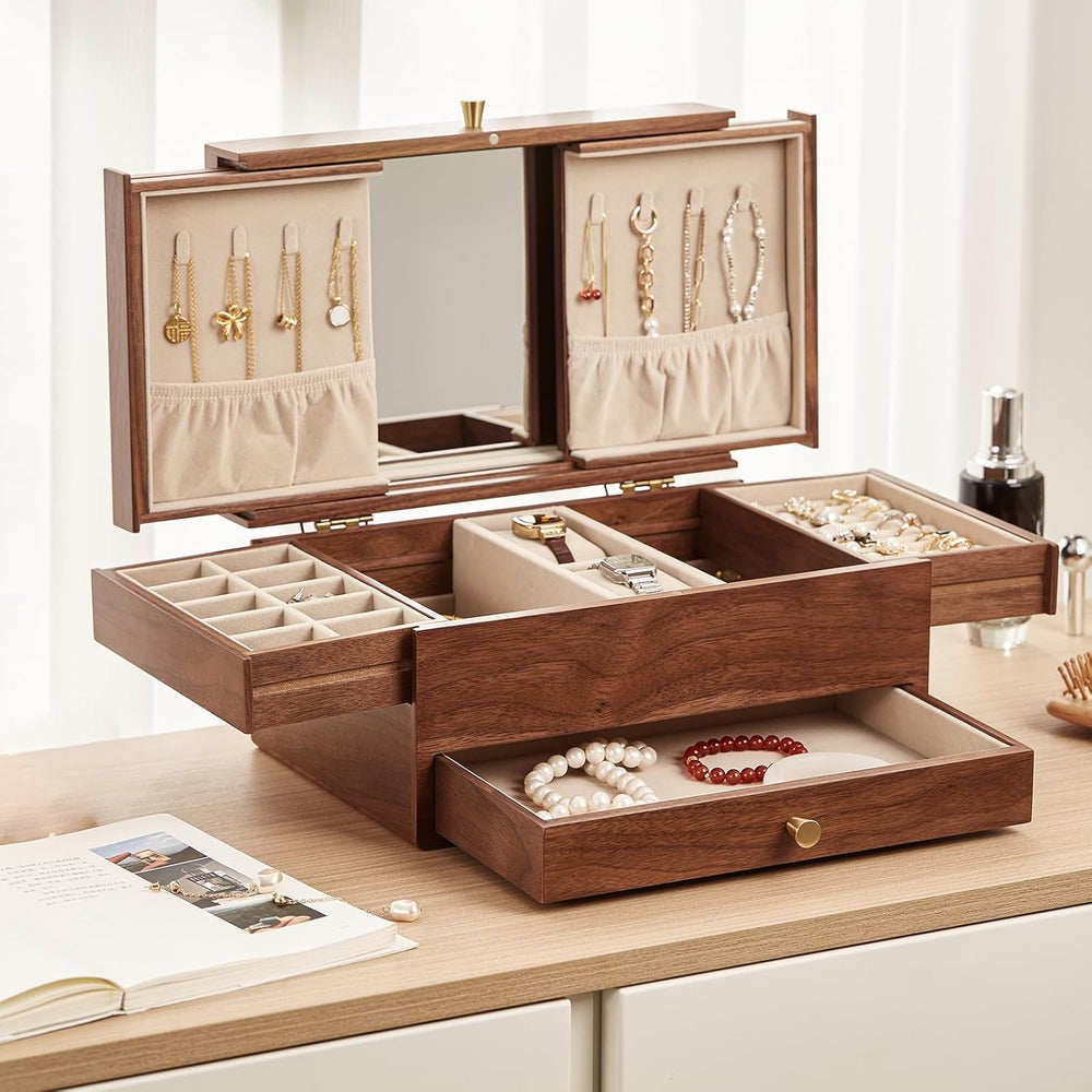 CHOSIN Black Walnut Wooden Jewelry Box for Women, 3 Level Multi-functional Dr...