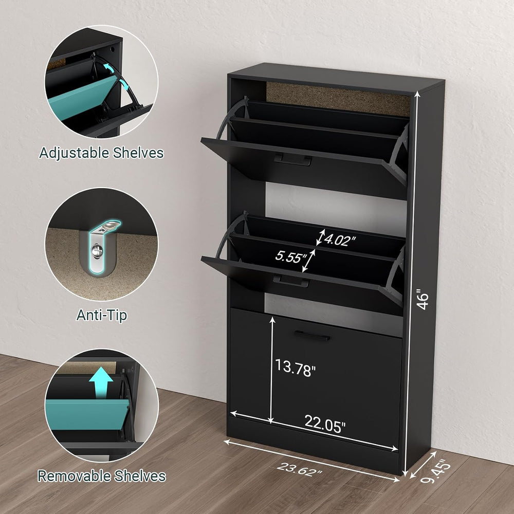 Slim Narrow Shoe Cabinet with 3 Flip Drawers for Entryway, Hallway