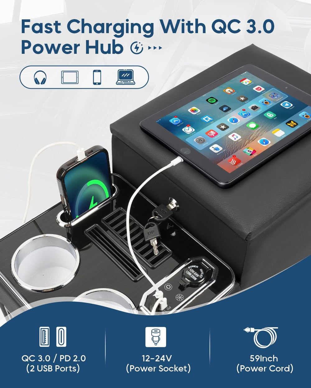 Center Console Between Seat with Lock, Cup & Phone Holder, Regular
