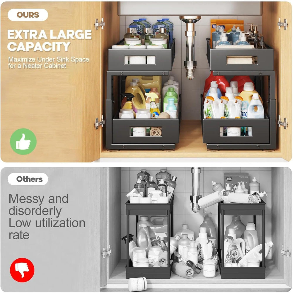 2 Packs 19IN Depth Under Sink Organizer, 2-Tier Pull Out Cabinet Organizer Wi...