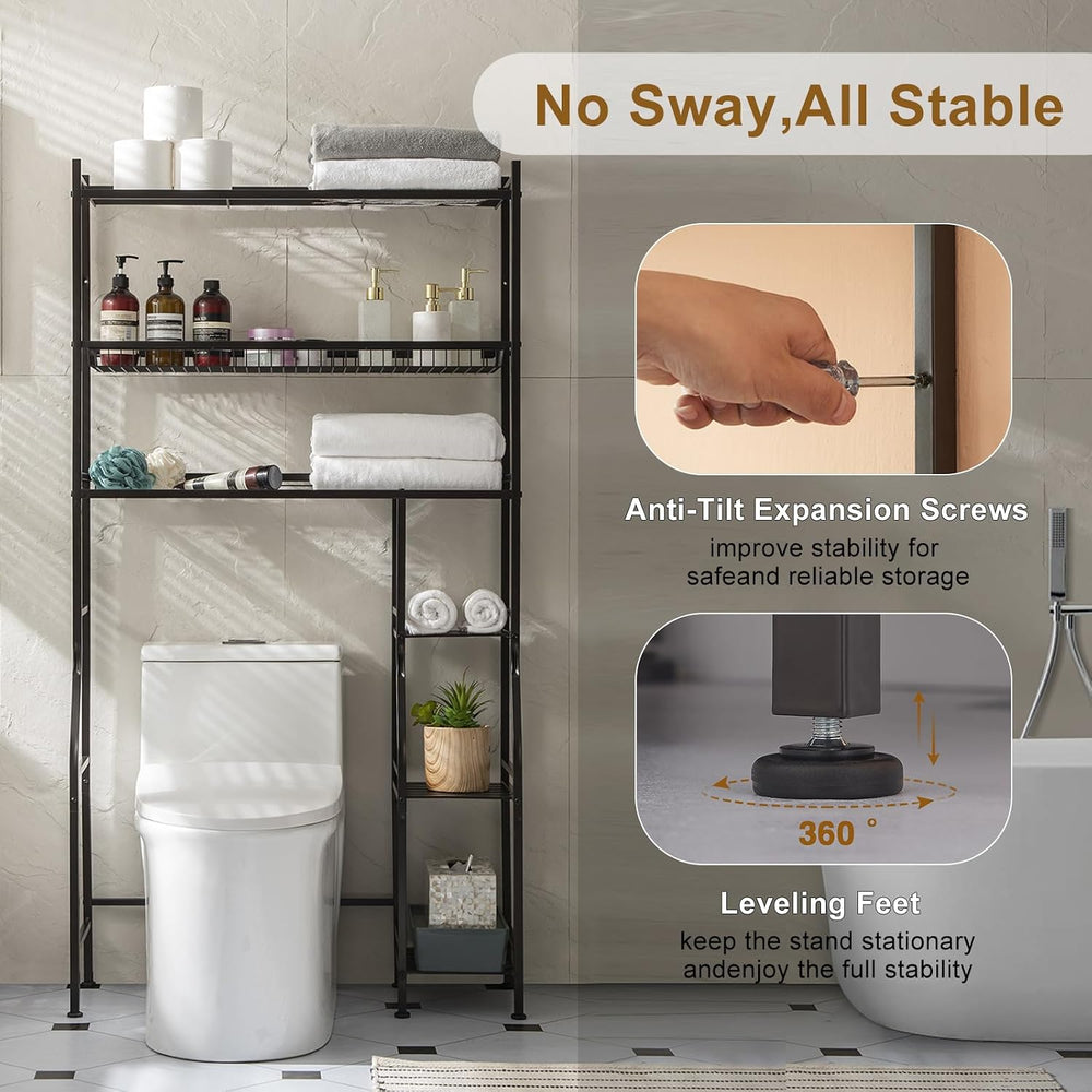 Lauren&Harold 6-Tier Over The Toilet Storage with Side Rack Black