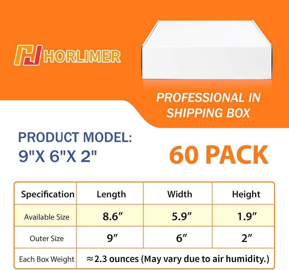 HORLIMER 9x6x2 Shipping Boxes Set of 60, White Corrugated Cardboard Mailer Bo...