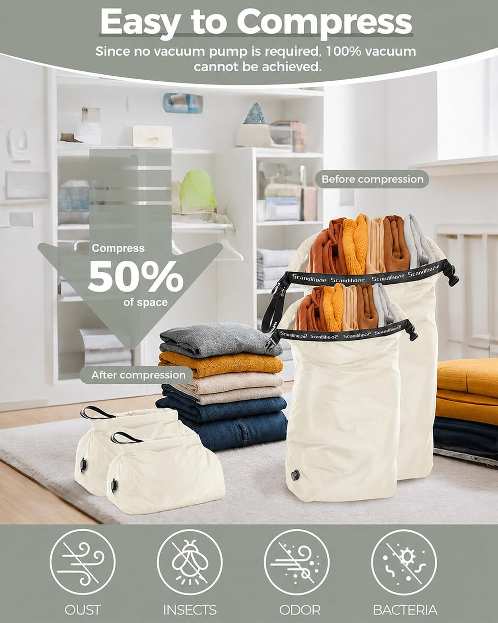 Travel Compression Laundry Bag, Pump-Free Vacuum Space Saver Bag for Dirty Cl...